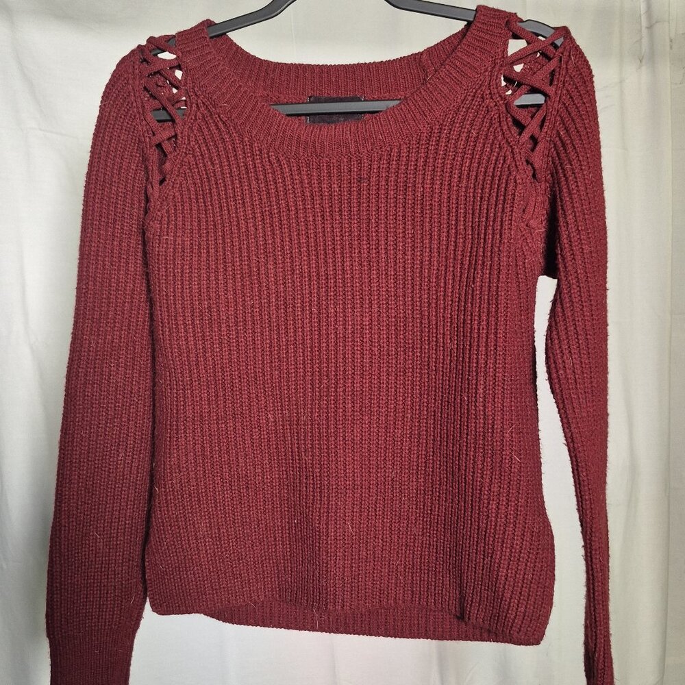 Women's Burgundy Sweater with Cutout Shoulder Details Size SMALL